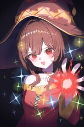  1girl absurdres blush breasts commentary_request hair_between_eyes highres kono_subarashii_sekai_ni_shukufuku_wo! magical_girl megumin open_mouth red_eyes simple_background small_breasts smile stonewhale0304 triangle_mouth 