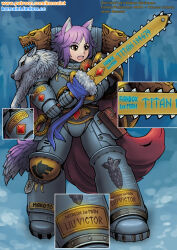  1girl adeptus_astartes animal_ear_fluff animal_ears armor artist_name blue_armor chainsword character_name futhark gem greatsword holding holding_sword holding_weapon kensaint makoto_(princess_connect!) open_mouth pauldrons pelt power_armor princess_connect! purple_hair purple_tail runes shoulder_armor solo space_wolves sword tail teeth warhammer_40k weapon wolf_ears wolf_girl wolf_pelt wolf_tail yellow_eyes 