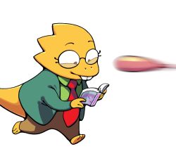  1girl alphys book buck_teeth colored_skin deltarune discount-supervillain eyelashes furry furry_female glasses holding holding_book impending_doom necktie reading reptile_girl smile tail teeth utdr_(toby_fox) walking yellow_skin 