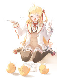  1girl absurdres ahoge baby_animal bird blonde_hair brown_dress brown_thighhighs chick closed_eyes commentary_request conductor_baton dress hair_ornament hair_ribbon highres hololive hololive_dev_is index_finger_raised jacket long_hair long_sleeves musical_note musical_note_hair_ornament neck_ribbon open_mouth otonose_kanade otonose_kanade_(1st_costume) piano_print red_ribbon ribbon sheet_music shoes side_ponytail simple_background sitting thigh-highs thigh_strap virtual_youtuber wariza white_background white_jacket white_shoes yukihata_syu3 