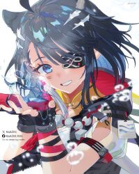  1girl aki'z animal_ears arknights arknights:_endfield black_hair blue_eyes commentary english_commentary extra_ears eyepatch fingerless_gloves gloves highres looking_at_viewer multicolored_gloves one_eye_covered red_gloves short_hair simple_background smile solo tail tangtang_(arknights) tiger_ears tiger_girl twitter_username two-sided_gloves two-tone_gloves white_background wrist_straps 