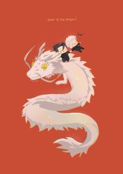  2boys absurdres black_hair chibi chibi_only chinese_zodiac closed_eyes dragon earrings eastern_dragon english_text geto_suguru gojo_satoru hair_bun highres holding_hands jewelry jujutsu_kaisen male_focus multiple_boys orange_background rizurin simple_background sunglasses unworn_eyewear white_dragon year_of_the_dragon yellow_eyes 