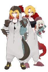  2girls absurdres basilisoup black_tank_top blonde_hair breasts commentary_request crop_top don_quixote_(project_moon) e.g.o_(project_moon) feather_boa hands_on_own_hips highres kim_nyangpeon korean_commentary la_manchaland's_don_quixote_(project_moon) large_breasts lifetime_stew_(e.g.o) limbus_company looking_at_viewer midriff multiple_girls onesie open_onesie project_moon red_eyes sancho_(project_moon) sandals shoes short_hair slippers smile tail tank_top white_background yellow_eyes 