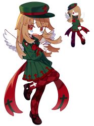  1girl absurdres angel angel_wings argyle_clothes argyle_thighhighs back_bow bow bright_pupils brown_hair colored_skin commentary cross dawnshii28 dot_nose english_commentary funamusea green_hat green_sailor_collar green_serafuku green_skirt haiiro_teien hat highres leg_up long_hair looking_at_viewer macarona_(funamusea) neckerchief open_mouth pleated_skirt red_bow red_eyes red_neckerchief red_shoes red_thighhighs reference_sheet sailor_collar school_uniform serafuku shoes simple_background skirt solo tears thigh-highs wavy_mouth white_background white_pupils white_skin white_wings wings 