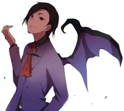  1boy black_hair collared_shirt commentary_request cowboy_shot devil_survivor_(series) devil_survivor_1 ear_piercing facial_hair goatee loki_(devil_survivor) looking_at_viewer medetai megami_tensei necktie orange_necktie piercing purple_suit purple_wings shirt short_hair simple_background smile solo striped_clothes striped_shirt suit white_background wings 