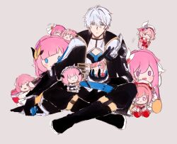  1boy black_boots black_coat black_gloves blue_eyes boots chinese_commentary coat commentary_request cube cupcake elysia_(herrscher_of_human:_ego)_(honkai_impact) elysia_(hi_love_elf)_(honkai_impact) elysia_(honkai_impact) elysia_(miss_pink)_(honkai_impact) elysia_(miss_pink_elf)_(honkai_impact) food gloves grey_background highres honkai_(series) honkai_impact_3rd indian_style kevin_kaslana looking_at_viewer merchandise shirt short_hair simple_background sitting solo star_(zhongyan88528) stuffed_toy white_hair white_shirt 