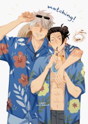  2boys abs arm_around_shoulder black_hair black_pants blush drinking earrings eyewear_lift facing_viewer floral_print geto_suguru gojo_satoru grin hair_bun hat_on_back hawaiian_shirt hibiscus_print highres jewelry jujutsu_kaisen multiple_boys open_clothes open_shirt pants rizurin shirt short_sleeves smile sunglasses toned toned_male tropical_drink 