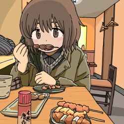  1girl blush_stickers brown_eyes brown_hair chair clothes_hanger cup dot_nose eating food green_jacket hand_up holding holding_food holding_skewer indoors jacket knots_(nebatuki) layered_clothes long_sleeves looking_at_viewer meal open_mouth original plate pov_across_table ribbed_sweater round_teeth short_hair skewer solo sweater table teeth upper_body upper_teeth_only wing_collar wooden_table yakitori 