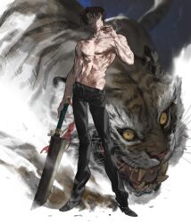 1boy abs black_pants black_shoes blue_eyes brown_hair commission curtained_hair full_body groin hand_up highres korean_commentary looking_ahead lowrise messy_hair multiple_scars muscular muscular_male navel open_mouth original pants planted planted_sword scar shoes short_hair smoking solo sword sword_tassel tassel tiger topless_male wan_young_yun weapon weapon_tassel