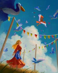  1girl bird blonde_hair blue_sky breasts clouds cloudy_sky commentary dress english_commentary field grass highres kellcarr loftwing long_dress long_hair medium_breasts outdoors pennant pointy_ears princess_zelda red_dress sidelocks sky the_legend_of_zelda the_legend_of_zelda:_skyward_sword walking 