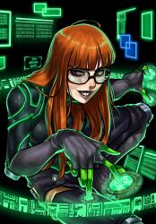 1girl 1other absurdres bodysuit brown_eyes glasses gloves green_bodysuit green_gloves grid_teeth highres holographic_interface holographic_touchscreen long_hair oracle_(persona_5) orange_hair persona persona_5 philip_grom sakura_futaba smile solo