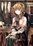  1girl alice_margatroid blonde_hair blue_eyes book bookshelf capelet chair cross curtains dagger doll_joints dress eyeball hands_on_lap headband inverted_cross jar long_sleeves looking_at_viewer mura_(sensuido) photo_(object) ribbon short_hair sitting solo touhou weapon window 