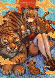  1girl 2022 absurdres animal animal_ears baby_animal black_shorts blue_eyes braid brown_streaks chinese_zodiac closed_mouth commentary_request happy_new_year highres holding holding_animal jacket knees_up light_smile long_sleeves medium_hair multicolored_hair off-shoulder_jacket off_shoulder orange_hair original red_jacket sabamiso_taro scar scar_across_eye scar_on_face shorts single_braided_sidelock single_sidelock sitting smoke solo streaked_hair tail thigh-highs tiger tiger_cub tiger_ears tiger_girl tiger_tail white_thighhighs year_of_the_tiger 