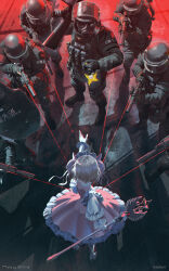  1girl 6+others aa-12 absurdres black_boots black_gloves blonde_hair boots commentary_request dress gloves gun h&amp;k_mp5 highres holding holding_gun holding_staff holding_weapon kanieda_minato magical_girl multiple_others original pink_dress resurgum_(swav) short_hair shotgun staff standing submachine_gun swav weapon weapon_request 