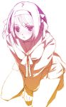  gradient hair_ribbon kage_yuu kneeling monochrome orange_(color) pink ribbon school_uniform serafuku sketch skirt suzumiya_haruhi suzumiya_haruhi_no_yuuutsu 