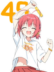  1girl :d ^_^ antenna_hair arm_up blush bra-ban! bracelet character_print clenched_hand closed_eyes clothes_lift clothes_writing commentary_request countdown_illustration cowboy_shot ebihara_minase facing_viewer fang glowstick hair_between_eyes hair_ornament hair_scrunchie hairclip hand_up happy highres holding holding_glowstick jewelry low_twintails midriff_peek muririn navel official_artist_extra open_mouth outline parallel_hairclips pleated_skirt red_hair red_skirt scrunchie shirt shirt_lift short_hair short_sleeves short_twintails simple_background skirt smile solo t-shirt twintails white_background white_outline white_shirt yellow_scrunchie 