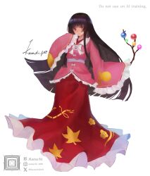 1girl artist_name bamboo_print bow bowtie branch brown_hair closed_mouth collared_shirt commentary frilled_shirt_collar frilled_skirt frilled_sleeves frills highres houraisan_kaguya instagram_logo jeweled_branch_of_hourai katachi646 long_hair long_skirt long_sleeves looking_at_viewer pink_eyes pink_shirt print_skirt red_skirt shirt signature skirt smile solo touhou twitter_x_logo very_long_hair white_bow white_bowtie wide_sleeves 