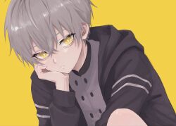 1boy black_jacket bright_pupils buttons commentary_request double-breasted expressionless eyelashes grey_hair grey_shirt hand_on_own_cheek hand_on_own_face hand_up highres hime_turu1 jacket long_sleeves male_focus moss_(tensura) open_clothes open_jacket shirt simple_background sitting solo tensei_shitara_slime_datta_ken upper_body white_pupils yellow_background yellow_eyes 