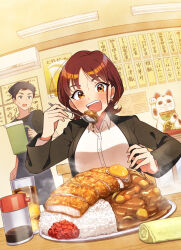  1boy 1girl air_conditioner coat commentary_request curry curry_rice food food_focus fukujinzuke highres juice katsu_(food) katsu_curry light_smile maneki-neko menu nagare750 open_mouth original plate rice shirt smile softboiled_egg spoon sweat table teeth wooden_table 
