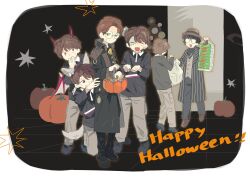  6+boys :3 :d ^_^ absurdres animal_ears bag black_boots black_coat black_hair black_pants black_shirt black_shoes black_vest blush bolo_tie boots border bowler_hat braid brown_hair brown_hat brown_pants brown_shoes candy clone closed_eyes coat collared_shirt commentary covering_own_mouth dark_shouma_(kamen_rider) demon_horns demon_wings fake_animal_ears fake_horns fake_tail fake_wings fang food frankenstein's_monster_costume full_body grey_vest hair_over_shoulder halloween_bucket halloween_costume hand_over_own_mouth happy_halloween hat highres horns kamen_rider kamen_rider_gavv_(series) kokokoto_re long_sleeves multiple_boys nyelv_stomach open-coat open_mouth pants plastic_bag pumpkin shirt shoes short_hair side_braid single_braid smile standing star_(symbol) stitched_face stitches suga_kenzo sweat tail untranslatable_commentary vest violet_eyes white_border wing_collar wings wolf_ears wolf_tail yellow_eyes 