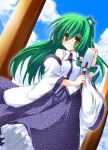 frog fuji_tooya fuji_toya green_hair hair_ornament kochiya_sanae long_hair long_skirt skirt touhou yellow_eyes