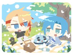  2boys :d absurdres alternate_costume altventurer_(regis_altare) aqua_eyes axel_syrios axelotl_(axel_syrios) axolotl black_shirt blonde_hair blue_eyes blue_flower blue_hair blue_jacket blue_sky bottle bug butterfly chibi chibi_only commentary day fang field flower grass highres holostars holostars_english jacket jacket_on_arm jewelry kitt0_o male_focus multicolored_hair multiple_boys necklace open_mouth orange_jacket outdoors pants picnic picnic_basket picnic_blanket red_streaks regis_altare shirt short_sleeves sitting sky slime_(creature) smile streaked_hair tree virtual_youtuber white_butterfly white_flower white_pants 