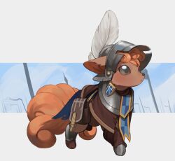  armor brown_cloak brown_eyes cloak closed_mouth clothed_pokemon gorget helm helmet highres no_humans orange_fur plume pokemon pokemon_(creature) pokemon_focus visor_(armor) vulpix yuureii 