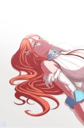  1girl bleach bleach:_sennen_kessen-hen breasts brown_eyes cleavage_cutout clothing_cutout collared_vest crying crying_with_eyes_open detached_sleeves hair_ornament highres huge_breasts inoue_orihime long_hair looking_up lying on_back orange_hair ribbed_vest roub3d simple_background snowflake_hair_ornament tagme tears torn_clothes vest white_vest 