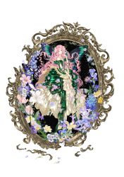  1girl absurdres arm_ribbon artist_request bare_shoulders blue_flower brown_eyes bug butterfly butterfly_on_hand butterfly_wings closed_mouth collarbone commentary dress dress_flower english_commentary flower flower_request frilled_dress frilled_sleeves frills full_body gloves gown green_butterfly green_dress green_ribbon green_wings hair_flower hair_flowing_over hair_ornament happy highres insect_wings iris_(flower) jade's_springdream_(shining_nikki) jewelry lace lace_gloves lily_(flower) long_dress long_hair looking_at_viewer necklace nikki_(nikki) nikki_(series) off-shoulder_dress off_shoulder official_art picture_frame pink_flower pink_hair purple_flower ribbon second-party_source sewing_pin shining_nikki short_sleeves smile solo standing very_long_hair wavy_hair white_background white_flower white_gloves wings yellow_flower 