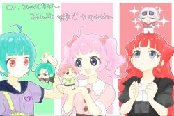  3boys 3girls ahoge aozora_himari aozora_hinata atami_nana atami_sango black_dress blue_eyes bow brother_and_sister chibi clenched_hands dress green_hair hair_bow highres himitsu_no_aipri holding holding_chibi holding_mini_person hood hood_down hoodie in-franchise_crossover in_palm long_hair looking_up medium_hair mini_person mini_person_on_head miniboy morio_(ce_note) multiple_boys multiple_girls omega_auru omega_inoru onegai_aipri open_mouth parted_lips pink_bow pink_hair pink_shirt pretty_series purple_hoodie red_eyes red_hair shirt short_hair siblings smile translation_request twintails violet_eyes waccha_primagi! 