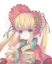  blonde_hair blue_eyes bonnet bow dress drill_hair hair_ribbon long_hair m-mi ribbon rozen_maiden shinku twintails 