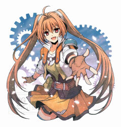  1girl antenna_hair armor brown_hair commentary_request cropped_jacket double-parted_bangs eiyuu_densetsu estelle_bright fingerless_gloves gloves hair_intakes looking_at_viewer open_mouth orange_skirt outstretched_hand pauldrons red_eyes satsuki_(chaosmode) shoulder_armor simple_background single_pauldron skirt sora_no_kiseki_sc twintails 