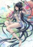  bare_legs bare_shoulders barefoot black_eyes black_hair breasts butterfly cleavage eat feet flower hair_ornament legs long_hair long_legs midriff navel original ponytail realistic sitting solo thighs very_long_hair 