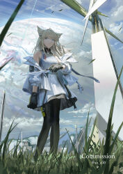 1girl absurdres animal_ears arknights arknights:_endfield bare_shoulders bird_ears bird_girl black_gloves black_pantyhose blue_eyes closed_mouth commentary_request commission dress gloves grey_hair highres holding jacket kuthi0510 long_hair multicolored_gloves outdoors pantyhose perlica_(arknights) sky solo standing two-sided_gloves two-tone_gloves white_dress white_jacket yellow_gloves yellow_pupils 