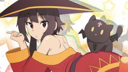  1girl absurdres animal animal_ears artistic_error bambi2000line bare_shoulders brown_hair cat cat_ears cat_tail choppy_bangs commentary_request cross dress hat highres kono_subarashii_sekai_ni_shukufuku_wo! large_hat looking_at_viewer megumin pointing pointing_forward red_dress red_eyes sidelocks tail witch_hat wrong_hand 