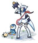  1girl armor crossover hikari_(pokemon) jonathan_kim monster_hunter piplup pokemon pokemon_(creature) sword weapon 