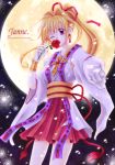  artist_request bracelet chisa cross earrings flower full_moon gloves holding jewelry kaitou_jeanne kamikaze_kaitou_jeanne kusakabe_maron long_hair moon obi outstretched_arm outstretched_hand petals ponytail purple_eyes ranguage rose skirt violet_eyes wide_sleeves wink 