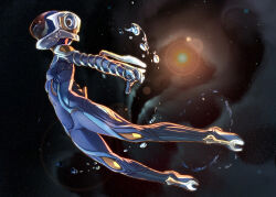  1girl absurdres arm_blade assault_visor bodysuit breasts commentary_request covered_navel cyborg floating helm helmet highres lens_flare mag_(warframe) oniyuri999 reflection science_fiction small_breasts solo space star_(sky) sun warframe water water_drop weapon zero_gravity 