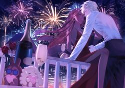  1boy 1girl alien_stage black_pants blonde_hair bottle city cup dress drinking_glass earrings fireworks hetero highres hoop_earrings hyuna_(alien_stage) jewelry long_hair long_sleeves luka_(alien_stage) night nostresstuna on_railing pants railing red_dress shirt sitting sleeveless sleeveless_dress very_long_hair white_shirt wine_bottle 