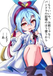  1girl ankle_boots backpack bag blonde_hair blue_bow blue_dress blue_hair blush boots bow brown_boots commentary_request crossed_bangs dress duel_masters hair_between_eyes hair_ornament hat hat_bow highres low_twintails multicolored_bow multicolored_dress multicolored_hair musan_(mu34mi) open_mouth orange_eyes randoseru red_bow red_hair sitting sleeves_past_fingers sleeves_past_wrists solo speech_bubble t_t_t_(duel_masters) teeth translation_request twintails white_background white_dress white_hat yellow_bow 