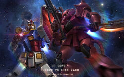  absurdres aiming antennae armor artist_name asteroid asymmetrical_dual_wielding beam_rifle character_name clash commentary dual_wielding duel earth_federation energy_gun english_text glowing glowing_eyes gun gundam heat_hawk highres holding holding_gun holding_shield holding_weapon joints machine_gun mecha mecha_focus mf_draws mobile_suit mobile_suit_gundam no_humans no_pupils one-eyed one-eyed_mecha pink_eyes robot robot_joints rx-78-2_gundam science_fiction shield shoulder_armor shoulder_spikes space sparks spikes star_(sky) v-fin weapon yellow_eyes zaku_ii_s_char_custom zeon 