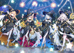  4girls :d ;d adjusting_clothes adjusting_headwear ahoge animal_ear_fluff animal_ears bare_shoulders black_dress black_hat black_nails black_streaks blonde_hair blue_hair blunt_bangs blurry blurry_background braid breasts claw_pose closed_mouth commentary_request crossed_legs double-parted_bangs dress elf facial_mark fox_ears fox_girl fox_tail full_body gold_shoes gradient_hair green_eyes grey_eyes grey_hair hair_between_eyes hand_up hat highres holding holding_own_hair holding_staff hololive ibara_riato jewelry juliet_sleeves large_breasts lion_ears lion_girl lion_tail long_dress long_hair long_pointy_ears long_sleeves looking_at_viewer low_twin_braids low_twintails mage_staff magical_girl mark_under_eye medium_breasts messy_hair momosuzu_nene multicolored_hair multiple_girls nail_polish off_shoulder official_alternate_costume official_art omaru_polka one_eye_closed open_mouth pink_hair pink_streaks pointy_ears puffy_sleeves second-party_source shishiro_botan shoes side_braid side_slit sidelocks single_braid single_braided_sidelock smile staff standing standing_on_one_leg streaked_hair tail thighlet twin_braids twintails two-sided_dress two-sided_fabric two_side_up very_long_hair violet_eyes virtual_youtuber waving wide_brim witch_hat yellow_eyes yukihana_lamy 