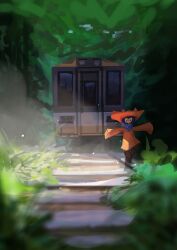  1other abandoned absurdres androgynous animal_hat balancing black_footwear blue_hair blue_scarf boots brown_coat brown_hat canopy_(forest) cat_hat child coat colored_sclera commentary day english_commentary grass hat highres looking_down medium_hair niko_(oneshot) oneshot_(game) outstretched_arms overgrown railroad_tracks scarf shadches72 sidelighting sleeves_past_fingers sleeves_past_wrists solo spread_arms train wide_brim wide_shot window yellow_sclera 