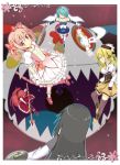  akemi_homura aqua_hair black_hair blonde_hair bow bow_(weapon) cape charlotte_(madoka_magica) drill_hair everyone hair_bow hair_over_one_eye hat highres kaname_madoka kyubey long_hair magical_girl mahou_shoujo_madoka_magica miki_sayaka multiple_girls no_eyes pink_hair polearm ponytail red_hair redhead sakura_kyouko shaded_face sharp_teeth shield short_hair short_twintails sky_(freedom) spear sword tomoe_mami twin_drills twintails weapon 