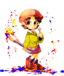  1girl :o adeleine ankle_socks beret black_hair black_socks brown_footwear buttons candy collared_shirt commentary_request expressionless eyelashes food full_body green_sweater grey_skirt hat highres holding holding_candy holding_food holding_lollipop holding_paintbrush invincible_candy kirby_(series) light_blush lollipop long_sleeves looking_at_viewer miniskirt oversized_object pain paint_splatter paintbrush parted_lips petals puffy_long_sleeves puffy_sleeves red_hat shirt shirushiki shoes short_hair skirt sleeves_past_wrists socks solo standing star_(symbol) sweater swirl_lollipop violet_eyes white_background white_shirt 