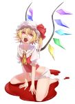  absurdres ascot bare_legs barefoot blonde_hair blood blood_on_face blood_stain bloody_clothes bloody_teeth bloomers fangs flandre_scarlet hat hat_ribbon highres no_pants open_mouth pointy_ears pool_of_blood puchiman red_eyes ribbon short_hair side_ponytail sitting solo the_embodiment_of_scarlet_devil touhou vampire wariza wings 