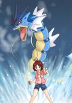  1girl ahoge cloud denim denim_shorts gyarados hidaka_ai hoodie idolmaster poke_ball pokemon pokemon_(creature) shorts sippori sky 