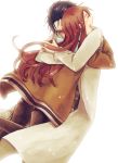  1girl black_hair brown_hair closed_eyes couple eyes_closed hug jacket koike_(coikekke) labcoat legwear_under_shorts long_hair makise_kurisu okabe_rintarou open_mouth pantyhose short_hair shorts smile steins;gate tears 