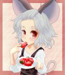  alternate_costume animal_ears bust eating food forehead fruit grey_hair ishikkoro mouse_ears mouse_tail nazrin plate red_eyes shirt short_hair solo strawberry tail touhou 