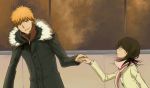  1girl bleach brown_hair fur_trim hand_holding height_difference holding_hands jacket kuchiki_rukia kurosaki_ichigo lowres orange_hair pinkish scarf short_hair smile 